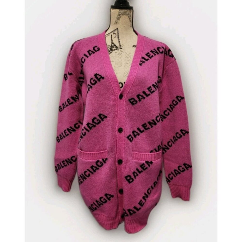 Balenciaga Women’s Oversized Logo Knit Cardigan Pink Black Wool Size M